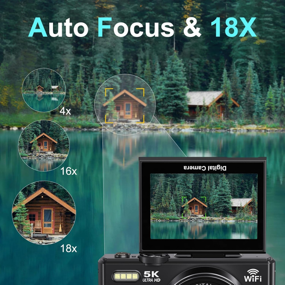 Цифровая камера 5K 75MP, фотокамера фотоаппарат 18х зум с Wi-Fi, карта 64 ГБ
