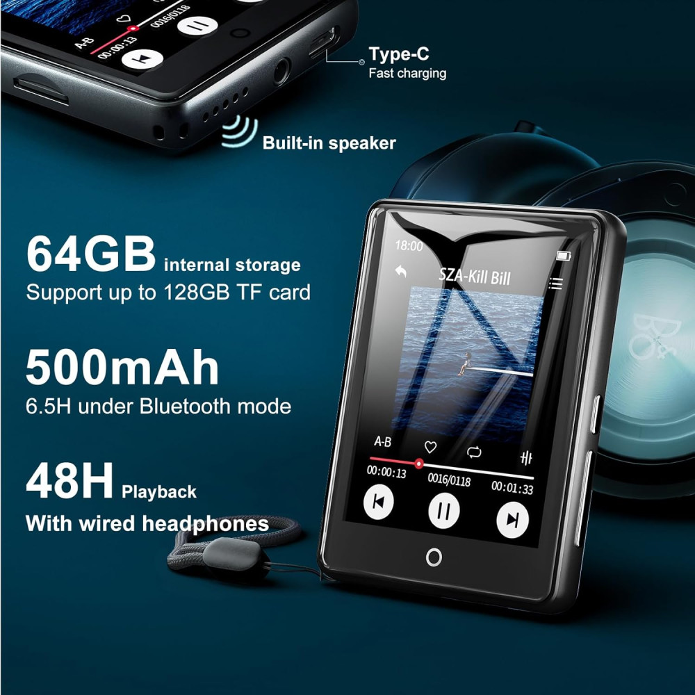 MP3-плеер MUZXQII 64 ГБ с Bluetooth 5.3 и сенсорным экраном