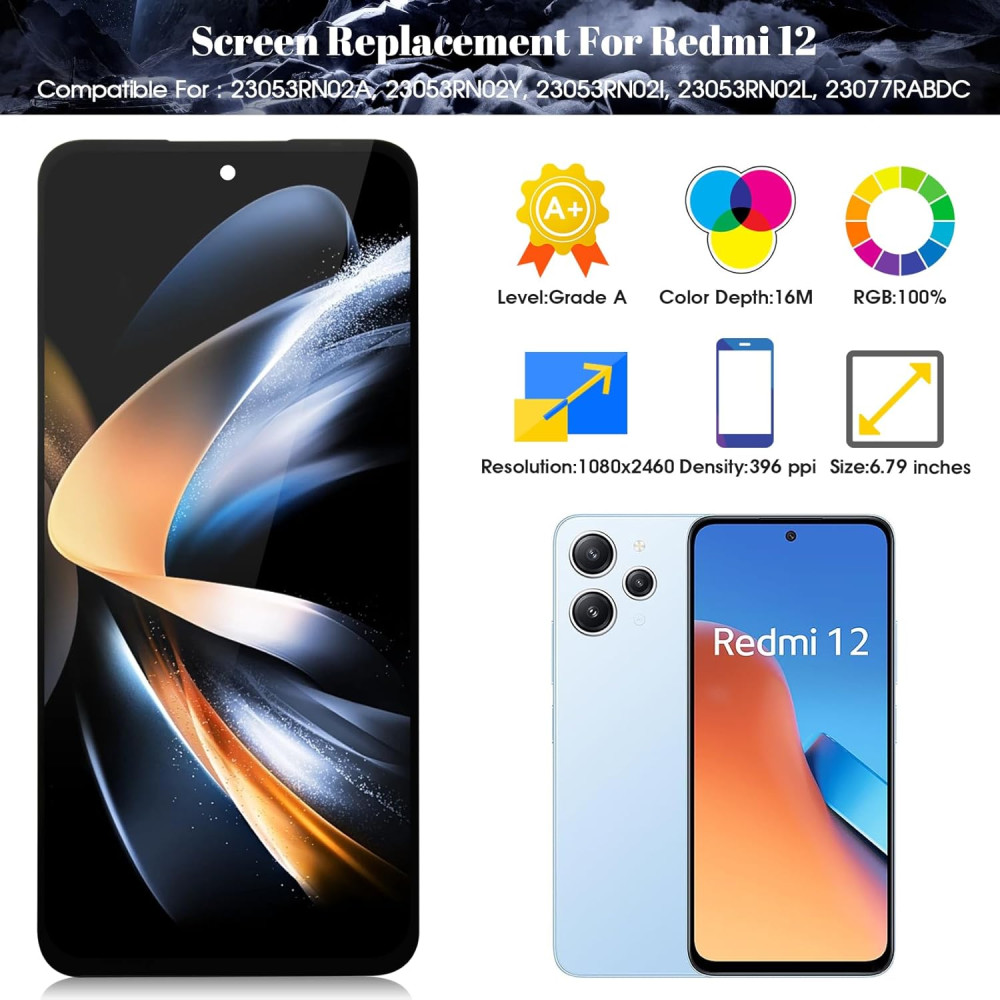 Экран для Xiaomi Redmi 12 5G (черный), замена дисплея без рамки