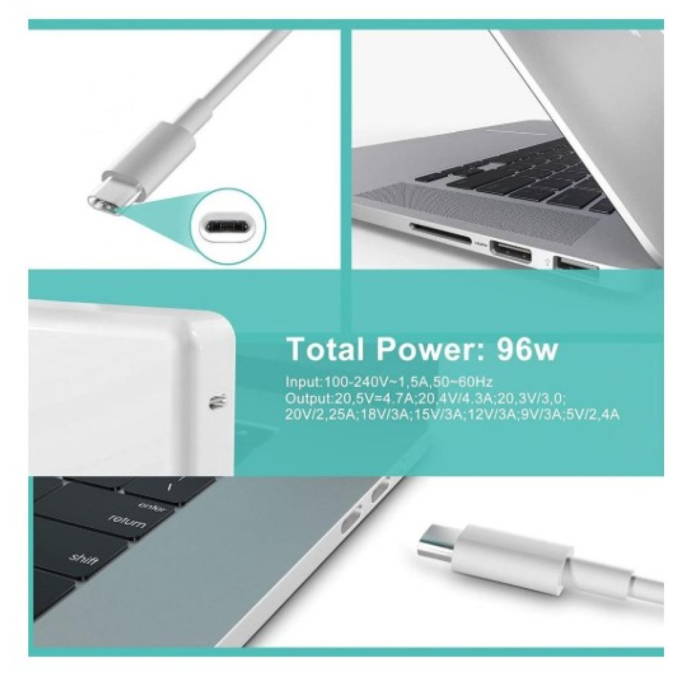 Блок питания 96W USB-C для MacBook Pro 13–15" (2016–2023), MacBook Air (2018–2024)