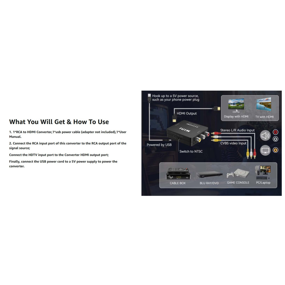 Конвертер ABLEWE RCA в HDMI – AV до HDMI 1080P, для телевізора, ПК