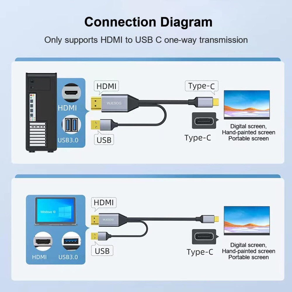 Адаптер HDMI на USB-C WJESOG, кабель 2 м, 4K@60 Гц с USB-кабелем питания