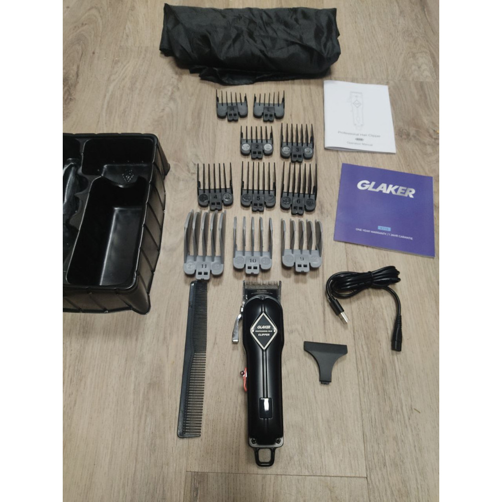 Машинка для стрижки волос GLAKER K11S, беспроводная, с 11 насадками (чёрная)