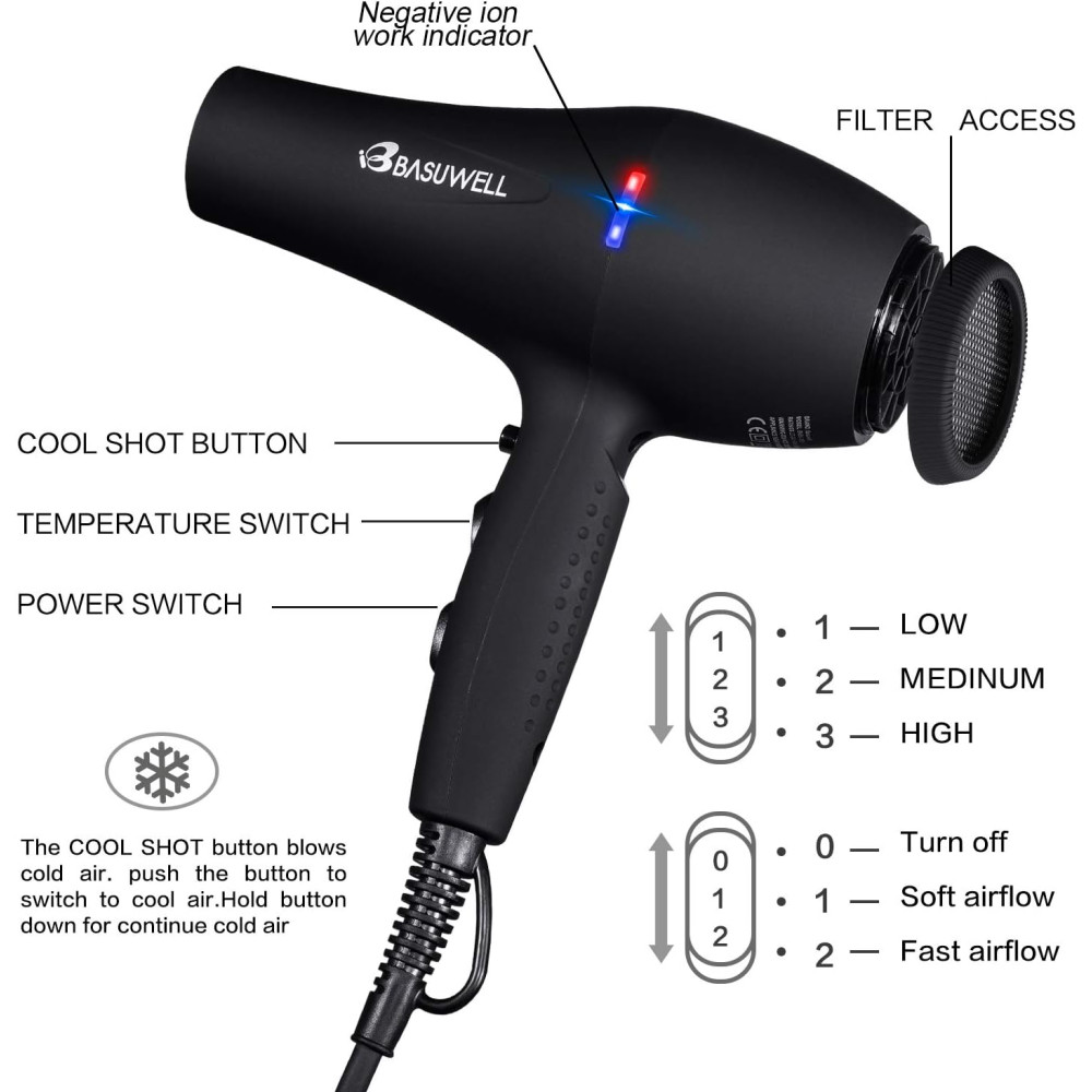 Фен для волосся з іонізацією Basuwell Hair Dryer Professional 2100W