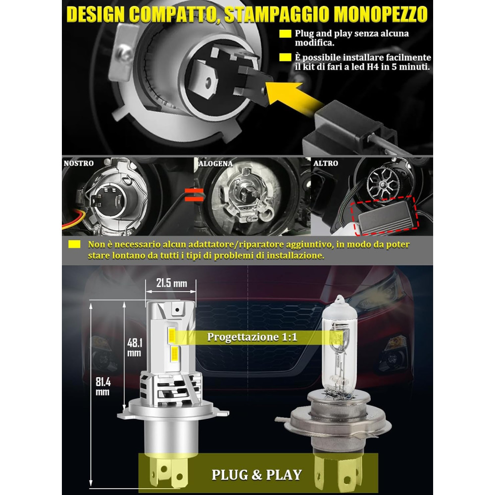 Автомобильные LED лампы XELORD H4, 6500K, 12000LM, 60W, 12V, Plug & Play