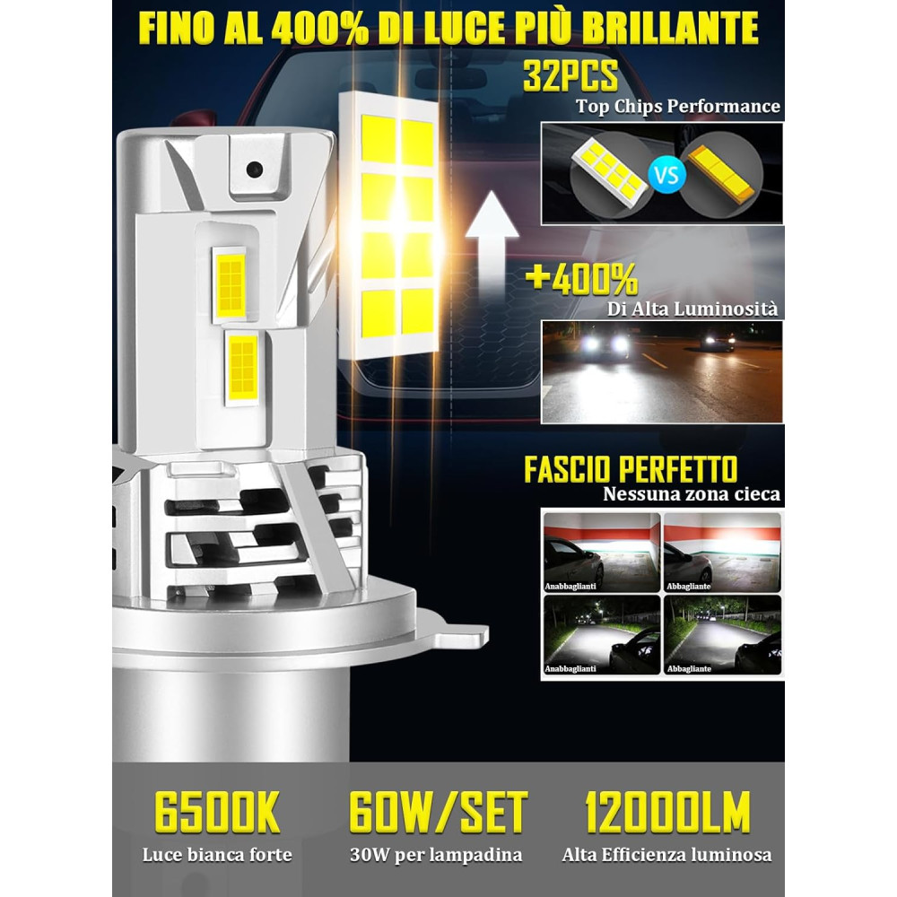 Автомобильные LED лампы XELORD H4, 6500K, 12000LM, 60W, 12V, Plug & Play