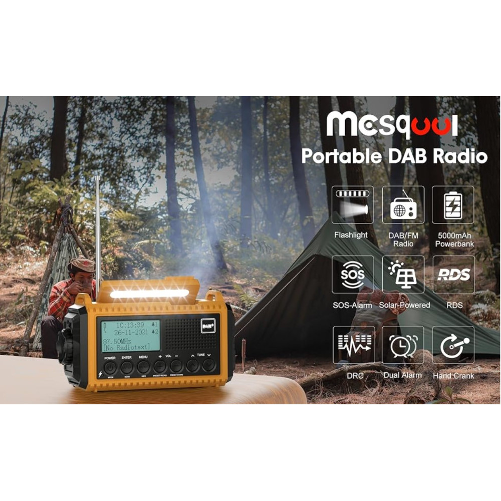 Аварійне радіо Mesqool DAB, 5000 мА·ч, із сонячною батареєю, ліхтариком