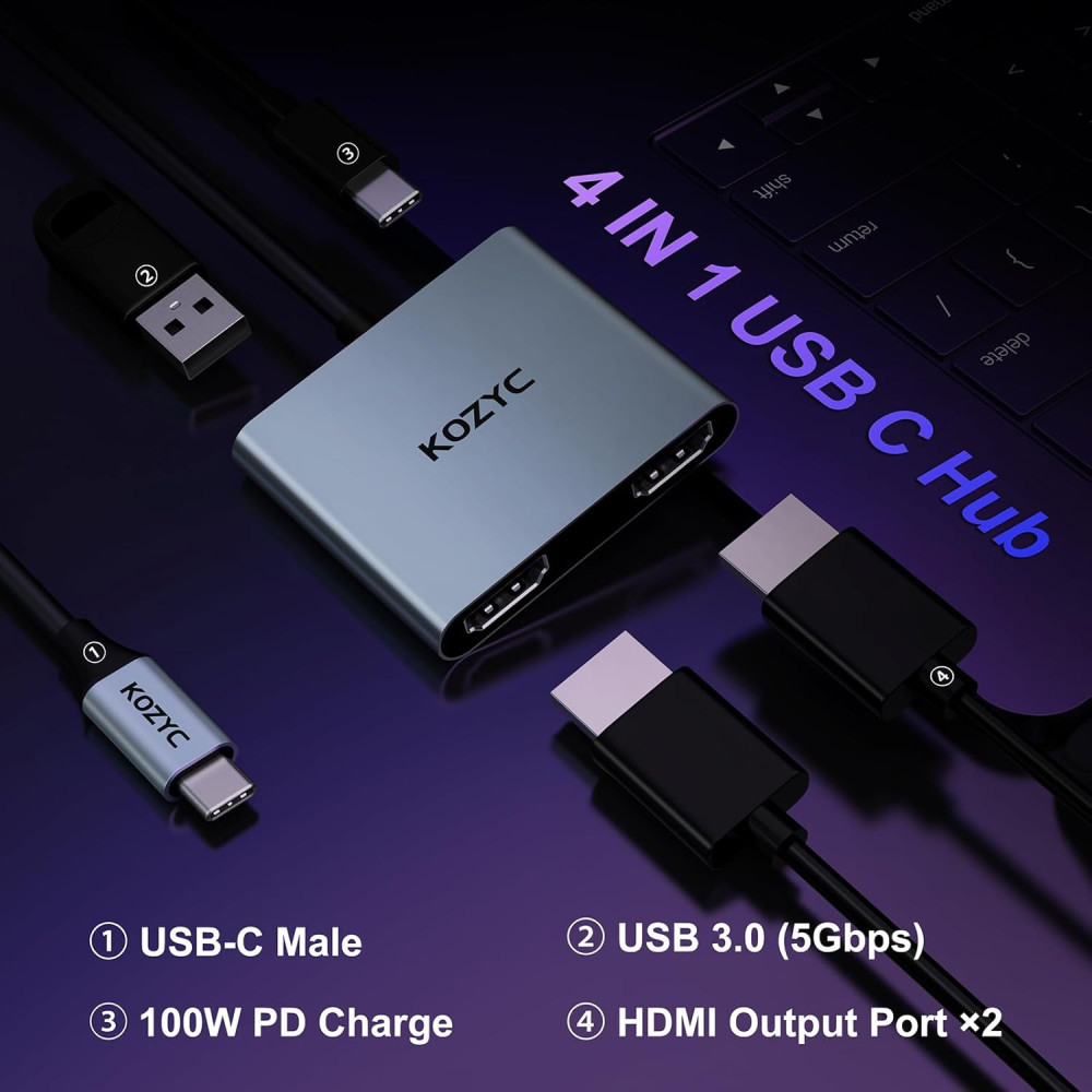 Адаптер USB-C на 2 HDMI, USB 3.0, PD 100 Вт  "KOZYC"