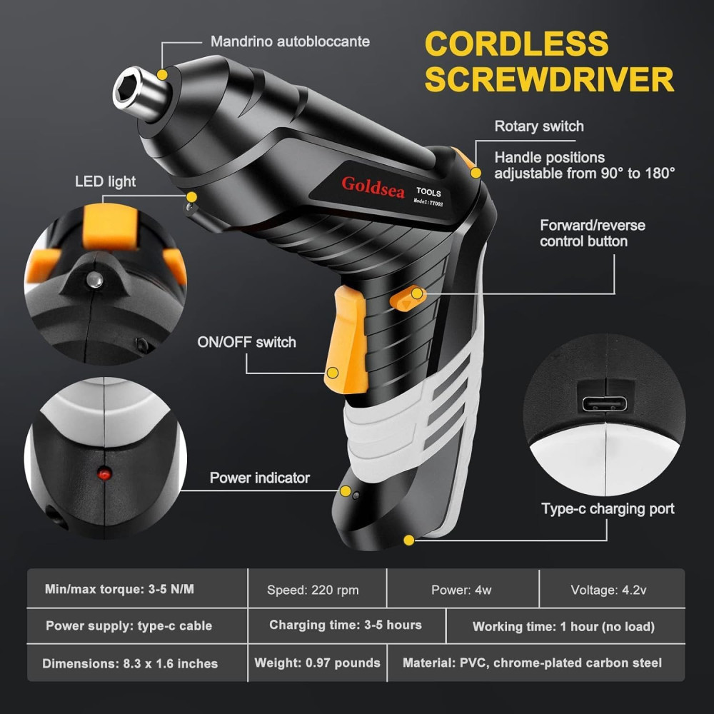 Электрическая отвертка Goldsea 4.2V беспроводная, 3.5N.m, 1500mAh