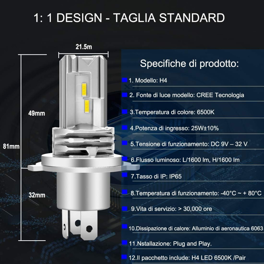 Светодиодные лампы для фар XELORD H4 Hi/Lo 6500K 25Вт 1600лм