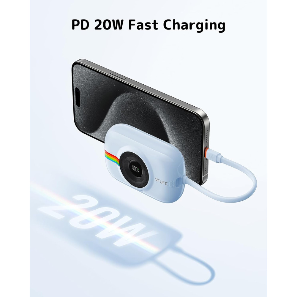 Мини Power Bank Повербанк VRURC с кабелем, 10000 мАч, быстрая зарядка 20 Вт
