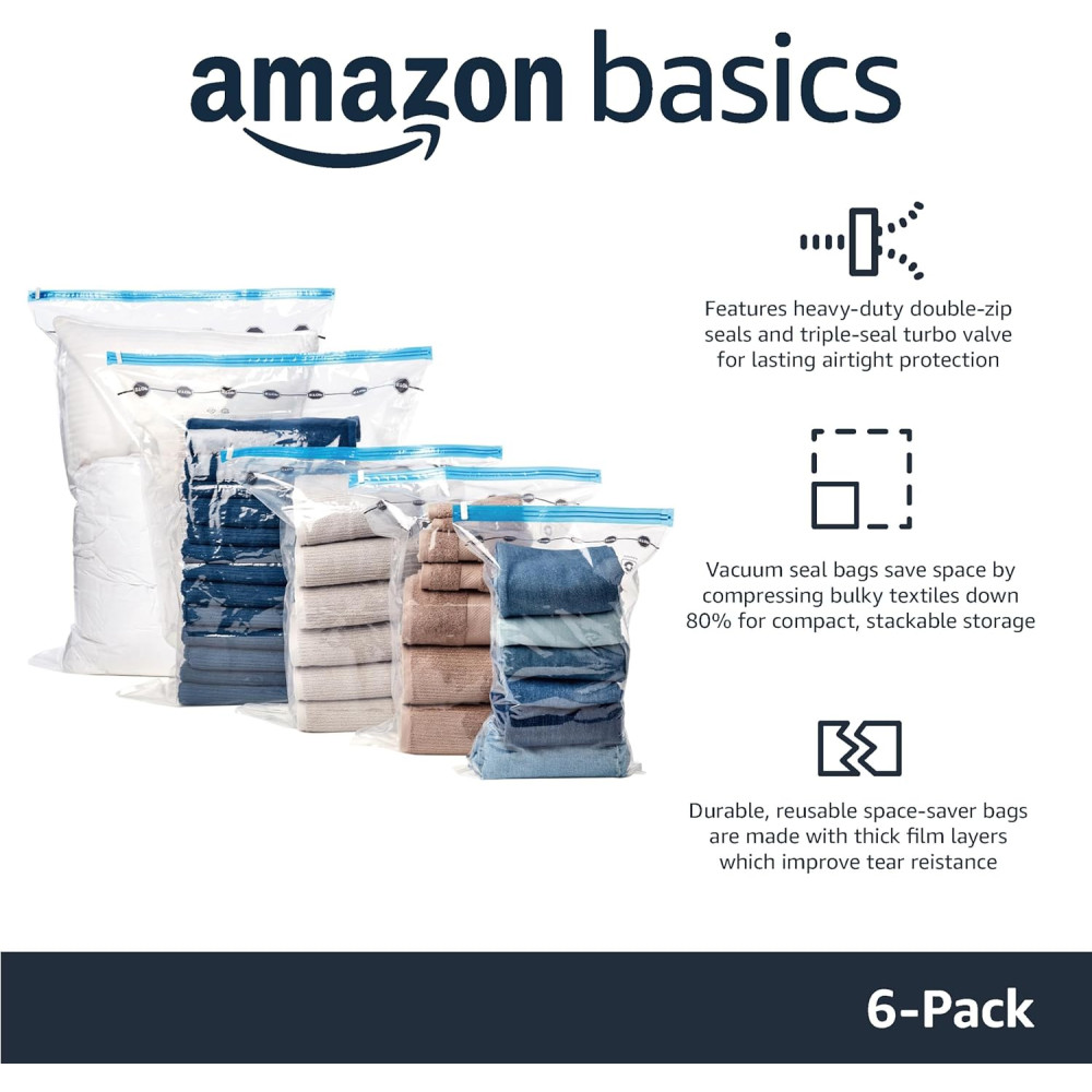 Вакуумные пакеты для хранения вещей Amazon Basics набор 6 шт