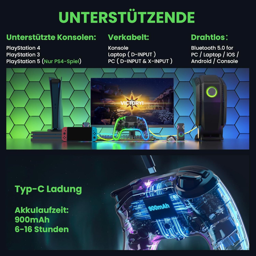 Бездротовий контролер AUROCE Ray1 для PS4 PS3 PC прозорий із RGB Neon