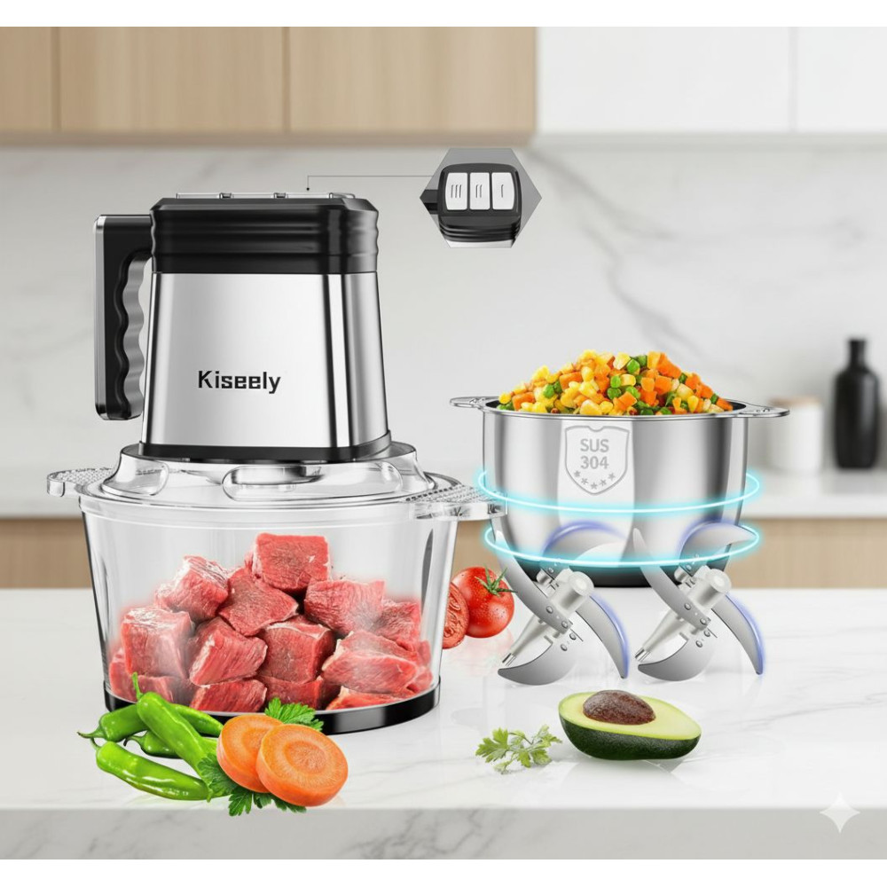 Измельчитель электрический продуктов 2 л Kiseely HX1 400 Вт с 3 скоростями +2 чаши