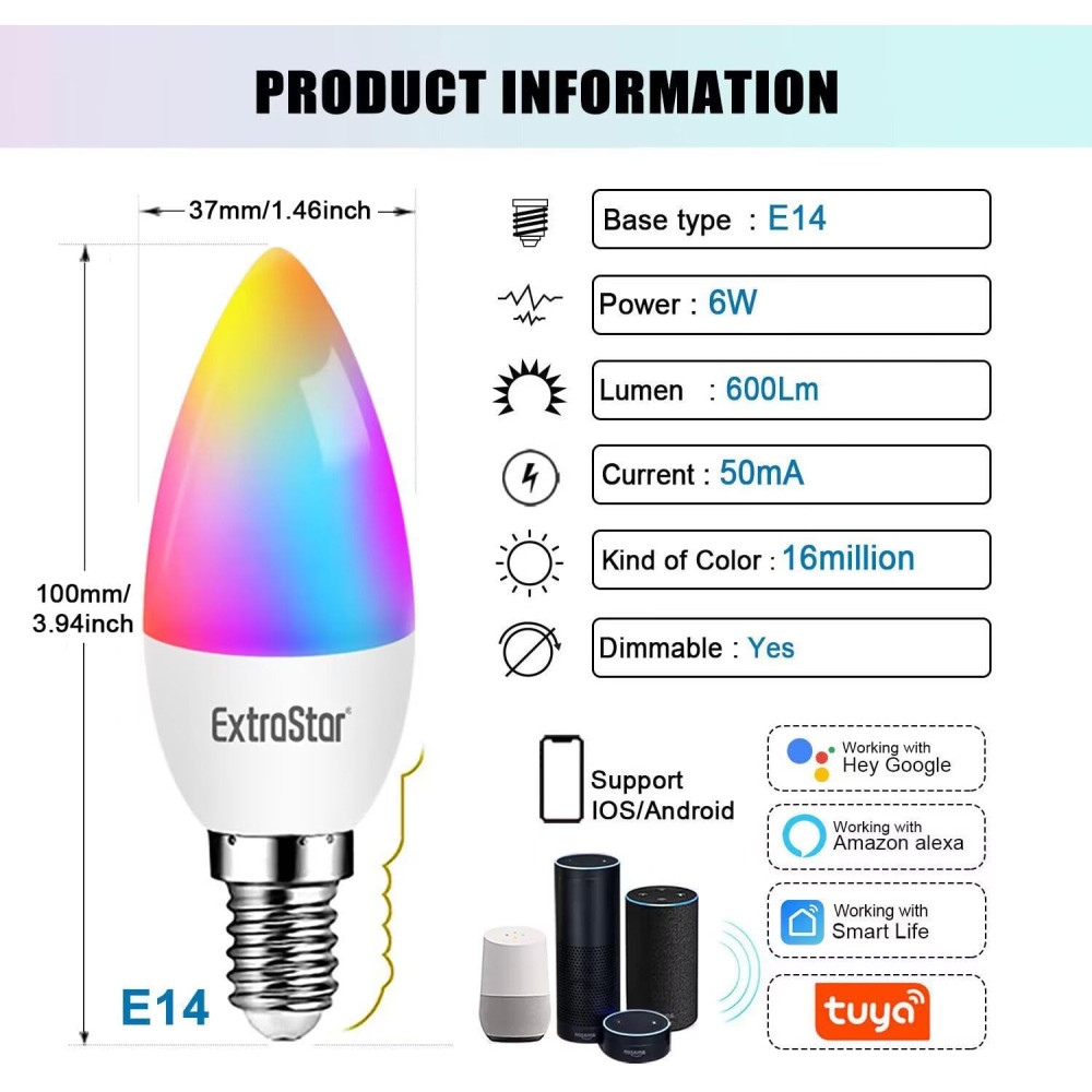 Smart LED Лампочка EXTRASTAR E14 RGB WiFi управления дымированная 6W 600LM