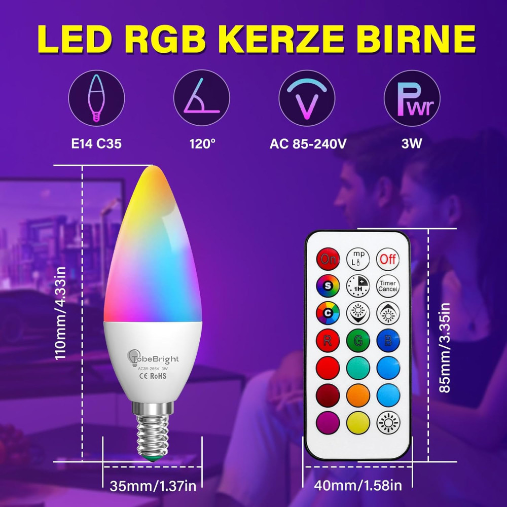 Светодиодные лампы TobeBright E14 RGB LED с пультом 3W