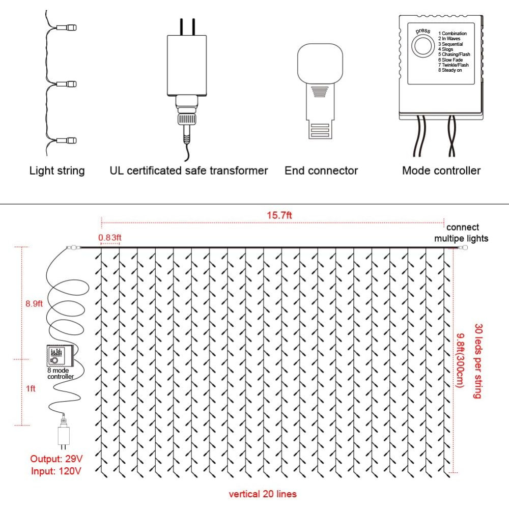 Гирлянда-штора Twinkle 600 LED 8 режимов 6м*3м