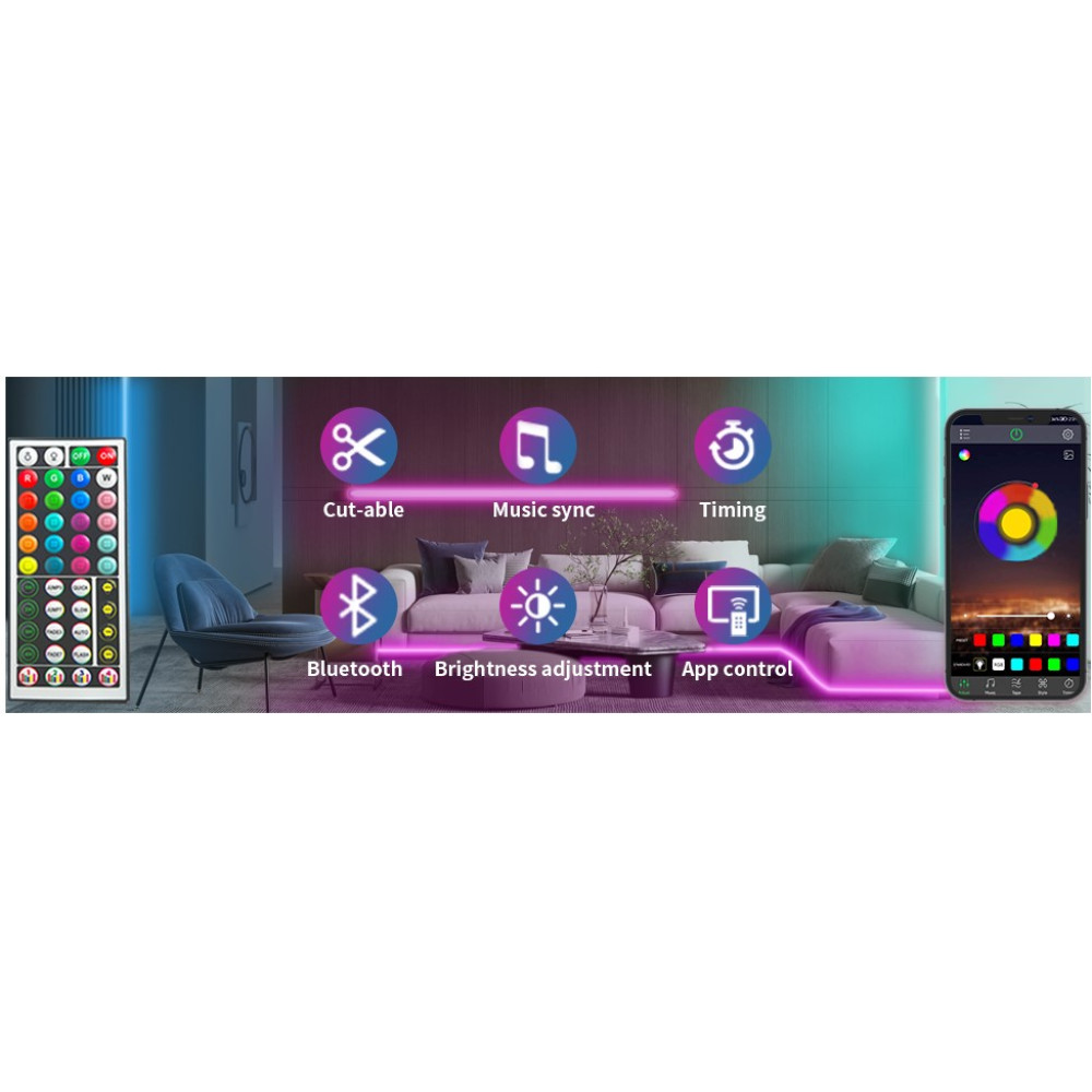 Світлодіодна стрічка KSIPZE 30 м RGB з музичним режимом Bluetooth, пульт
