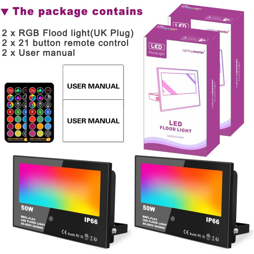 Светодиодный прожектор RGB 50W комплект 2 шт с пультом управления IP66
