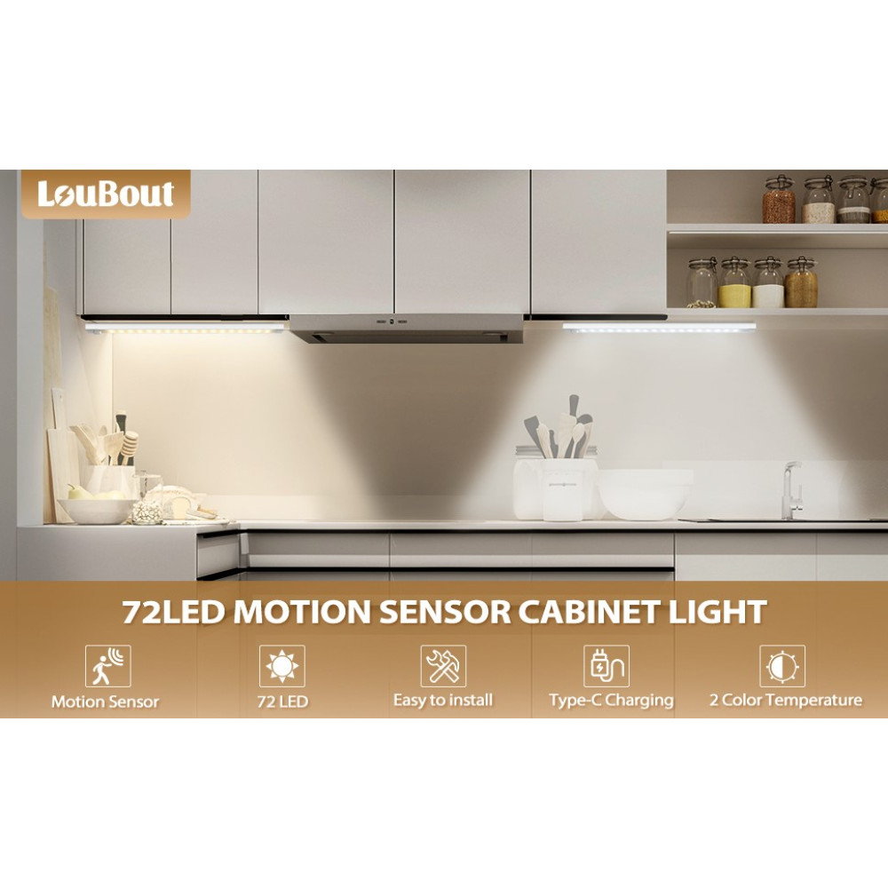 Магнитные светильники LouBout 30 см 72 LED 2 шт с датчиком движения 2 цвета света