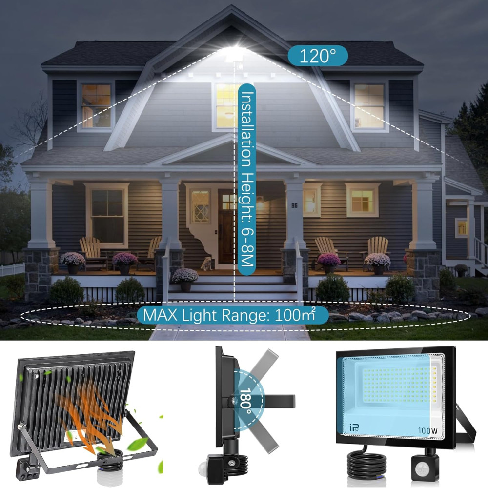 Прожектор LED 100W с датчиком движения YZYFACAI 10000lm 7000K IP67