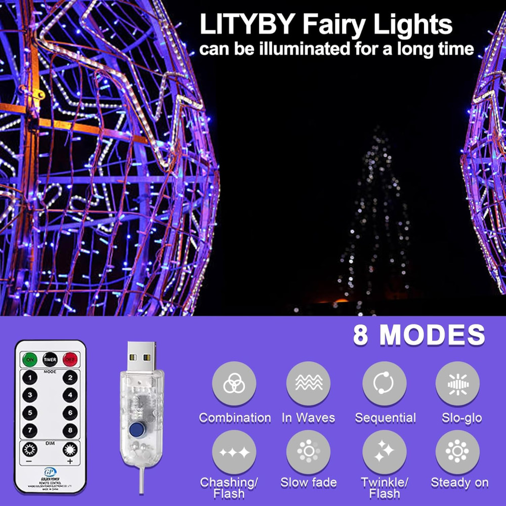 Гирлянда LITYBY 13 м 120 LED USB фиолетовая имеет 8 режимов и таймер 