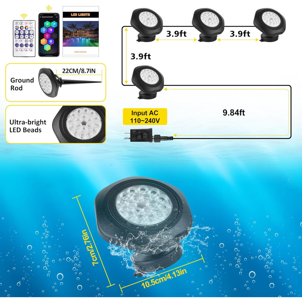 Подводные LED лампы для пруда T-SUN Led lights TS-F2230 16 млн цветов с приложением и пультом 4 шт