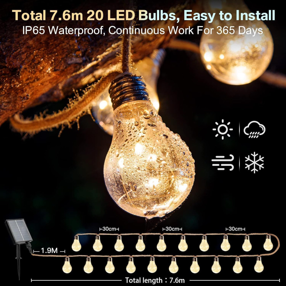 Солнечная гирлянда 20 LED лампочек Bogseth Retro 8 м USB и Solar с пультом