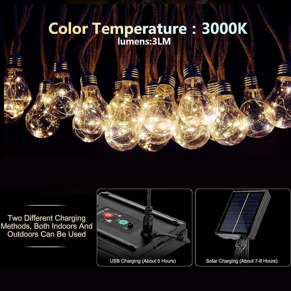 Солнечная гирлянда 20 LED лампочек Bogseth Retro 8 м USB и Solar с пультом