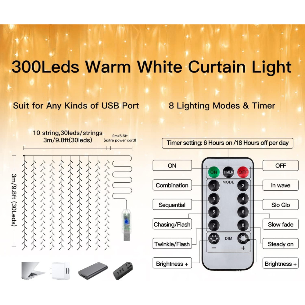 Светодиодная гирлянда-штора Ollny 300 LED 3×3 м 