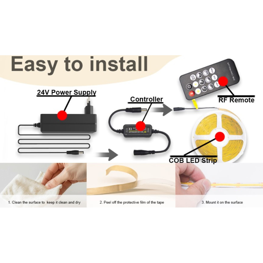 COB LED лента Luktix 10 м 24 В 3000K с пультом и блоком питания
