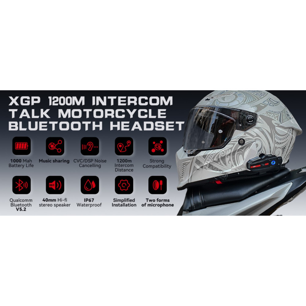 Bluetooth мотоциклетна гарнітура XGP до 1200 м для 2 райдерів IP67 шумозаглушення 