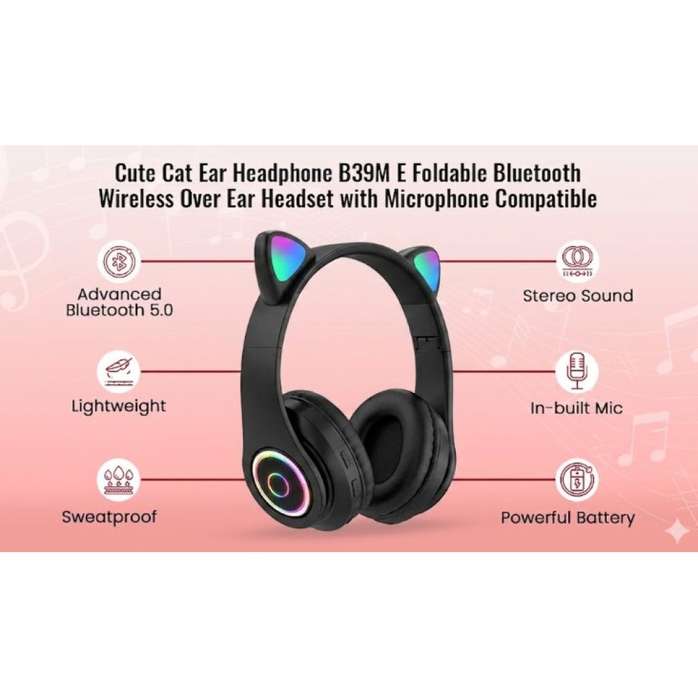 Навушники бездротові з котячими вушками B39M складні з мікрофоном Over-Ear
