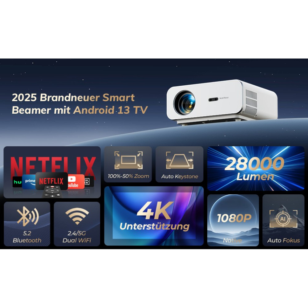 Проектор ZOOMCAT 4K Android 13 Netflix 28000 lm Wi-Fi 5G