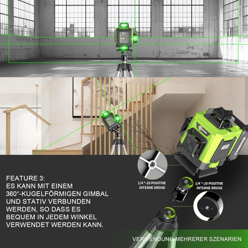 Лазерный уровень 4D 360° с трехногой CHISHIB для строительных работ с 2 аккумуляторами 4800 мАч