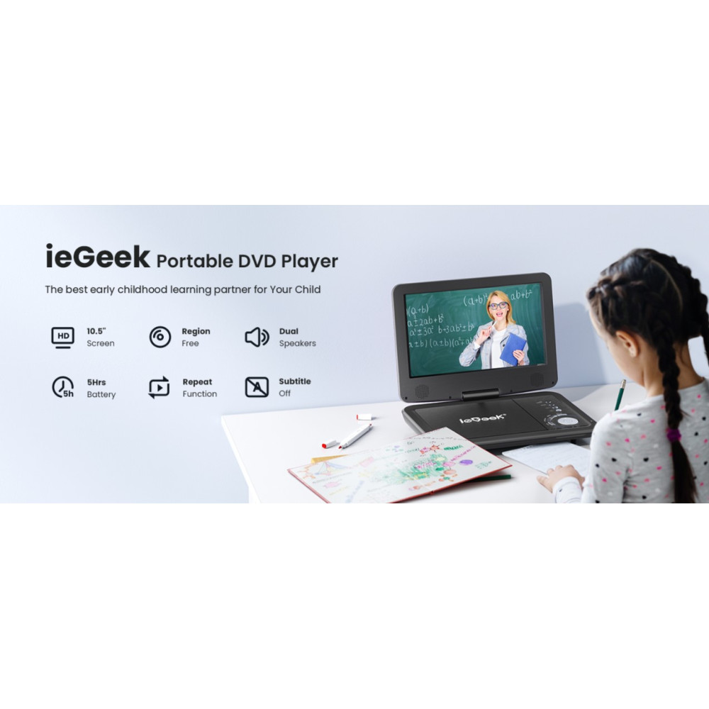 Портативный DVD-проигрыватель ieGeek IK-103 с поворотным HD-экраном USB, SD, AV выход