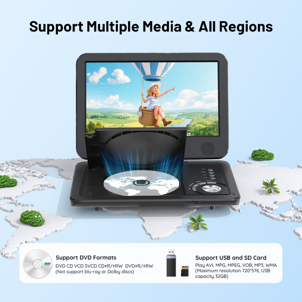 Портативный DVD-проигрыватель ieGeek IK-103 с поворотным HD-экраном USB, SD, AV выход