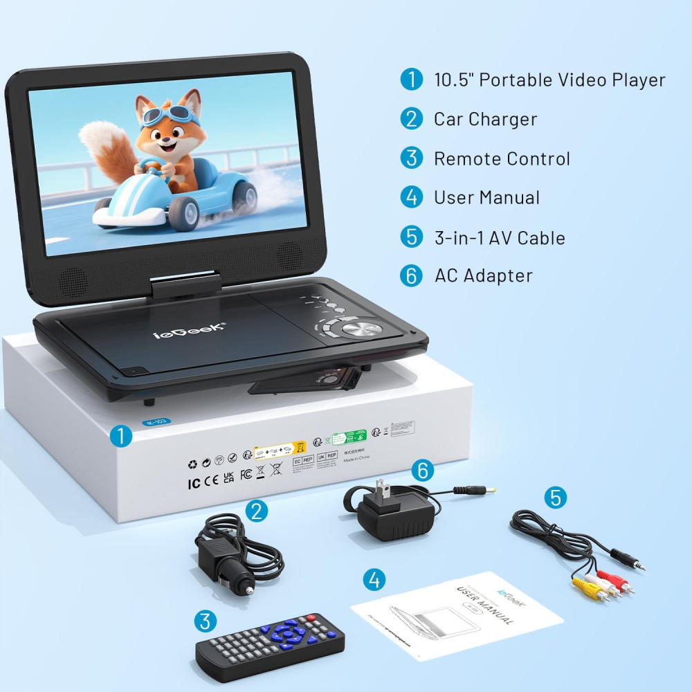Портативный DVD-проигрыватель ieGeek IK-103 с поворотным HD-экраном USB, SD, AV выход