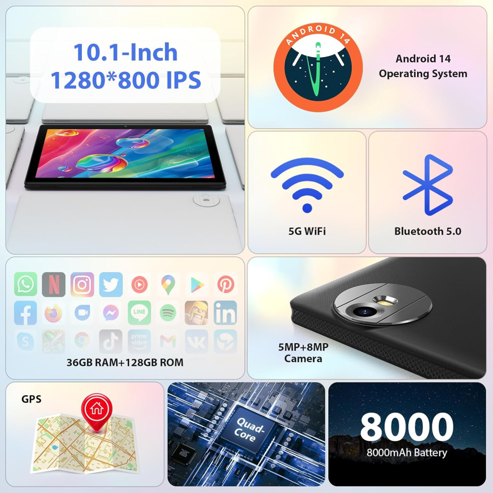 RUSHAR 10 дюймовый планшет на Android 14 с 5G и клавиатурой