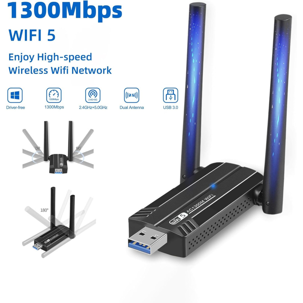 USB Wi-Fi адаптер CACVEHIIE 1300Mbps 2×5dBi антени