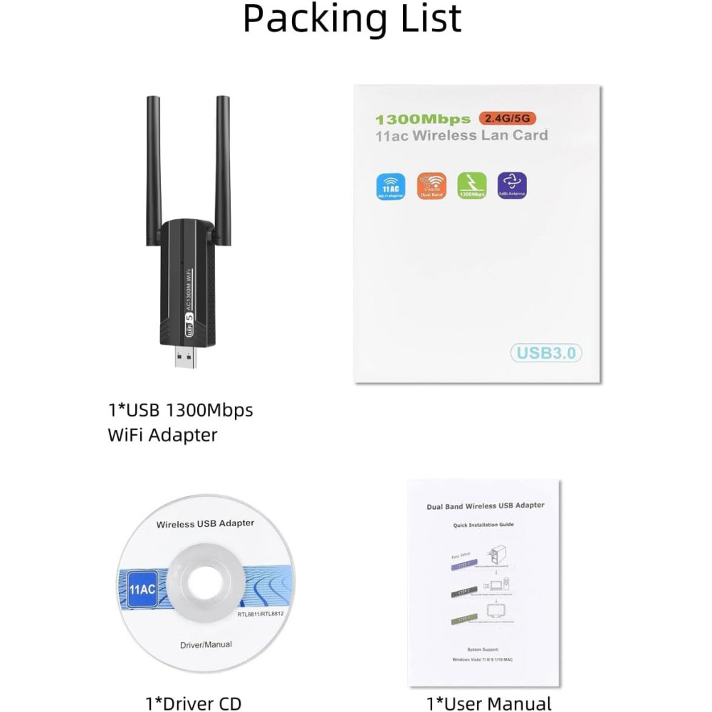 USB Wi-Fi адаптер CACVEHIIE 1300Mbps 2×5dBi антени