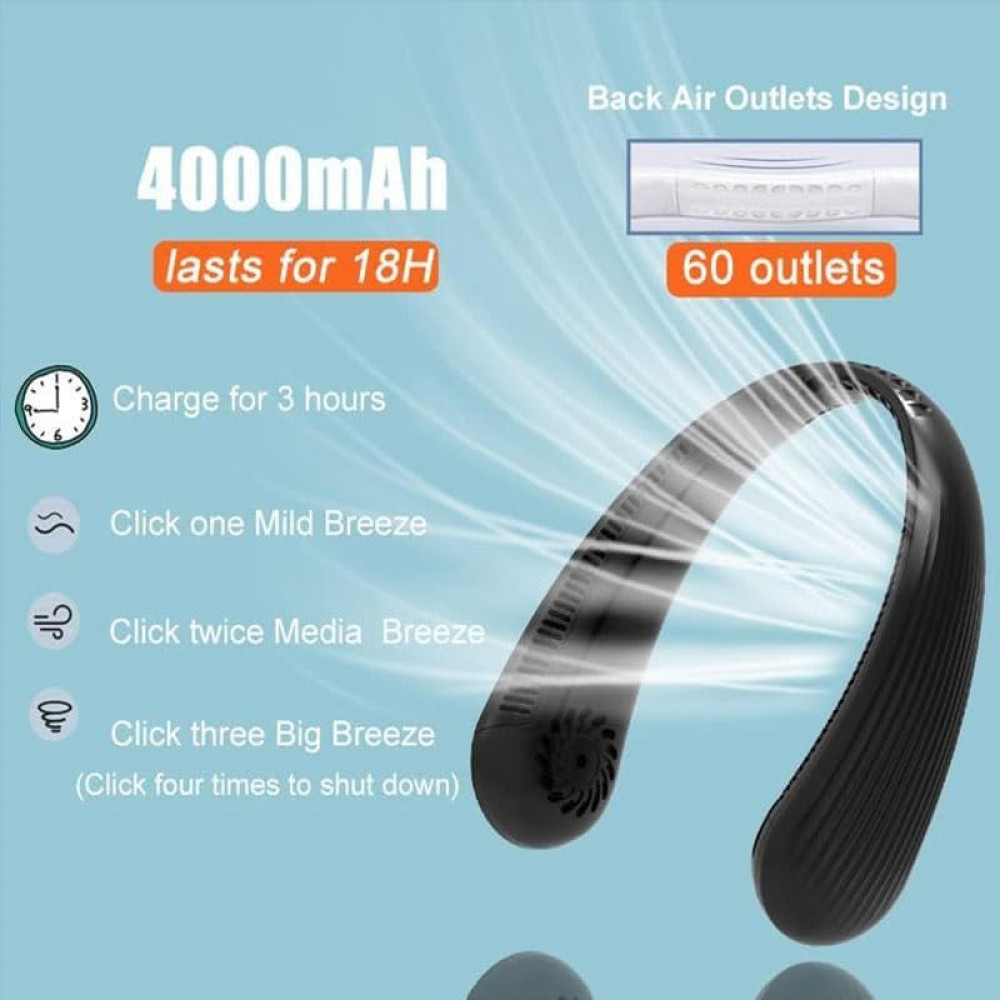 Шейный вентилятор Lightlux с 3 скоростями, 4000 мА·ч, 25 дБ USB-порт для зарядки