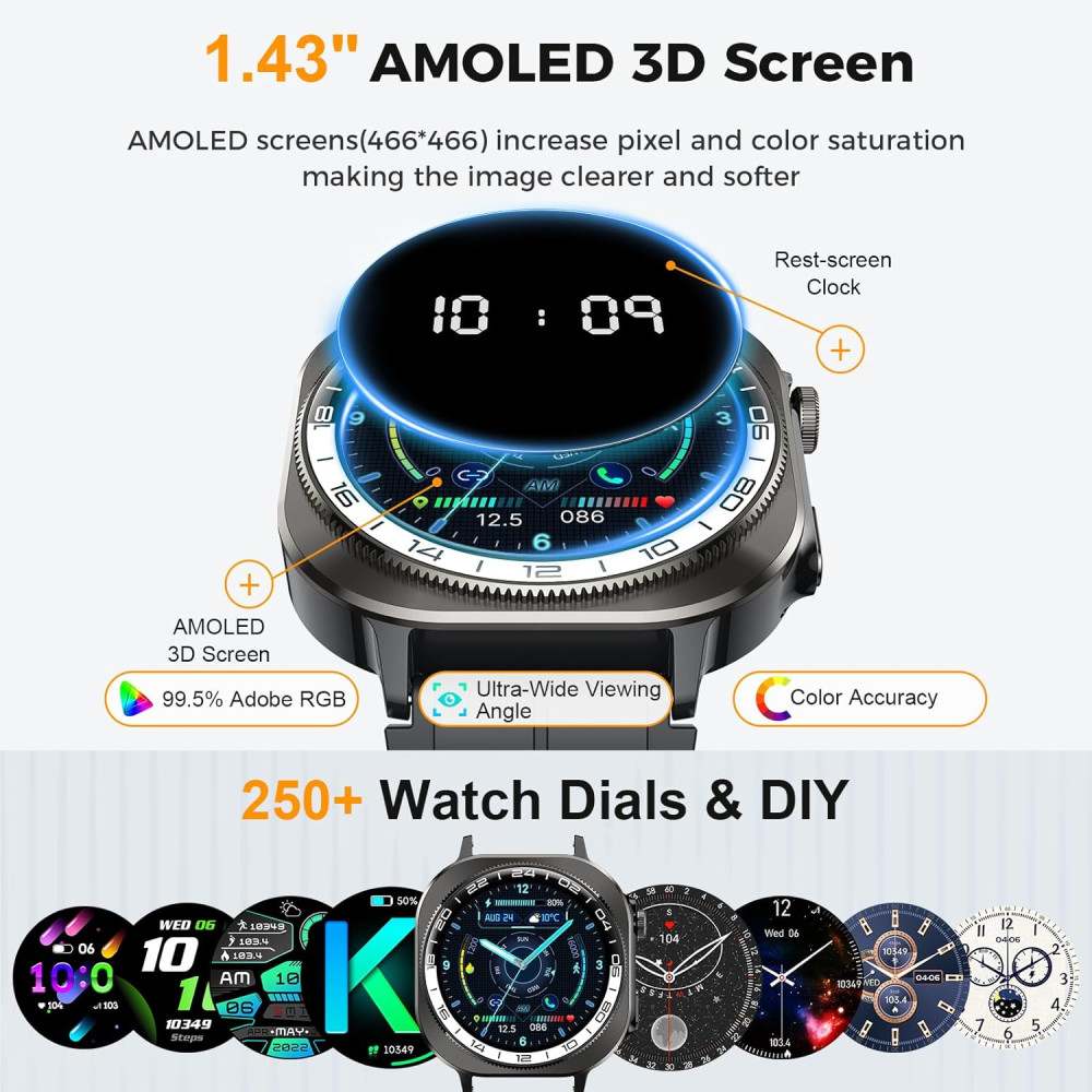 Смарт годинник, 2025 AMOLED 3D 1,43 дюйми,  (відповідь на виклик/здійснення дзвінків), IP68, для Android iOS