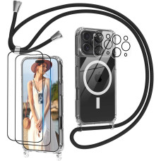 Магнитный чехол со шнурком для iPhone 16 Pro с двойным защитным стеклом и протекторами камеры
