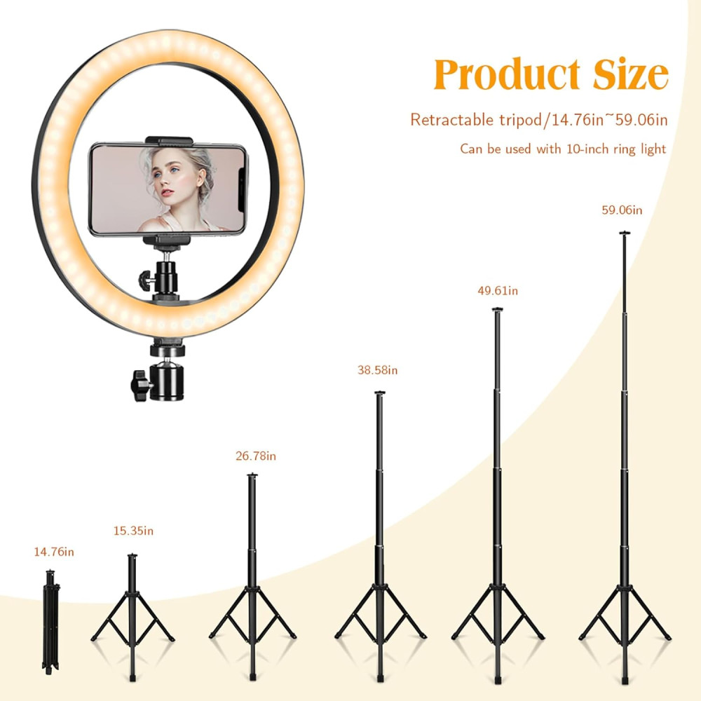 Кольцевая LED-лампа AIXPI 10 с высоким штативом и держателем для телефона