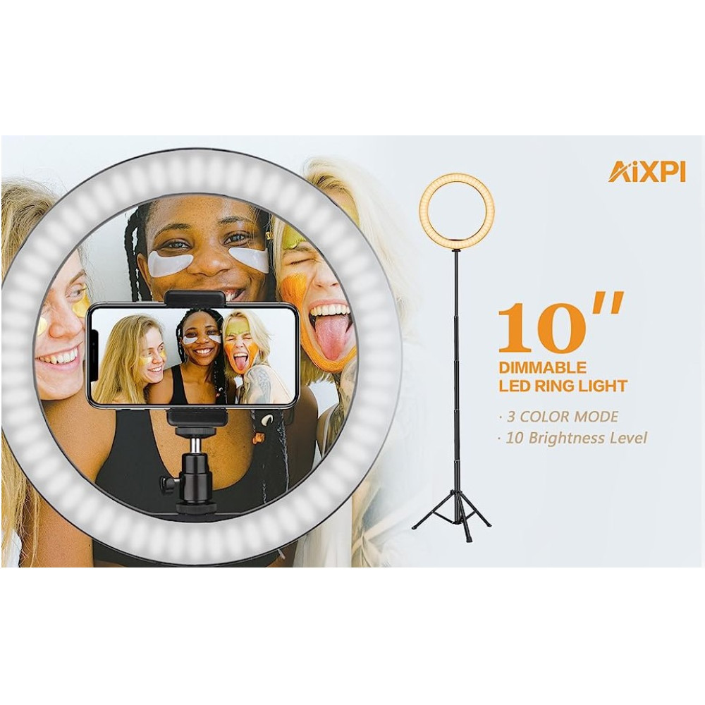 Кольцевая LED-лампа AIXPI 10 с высоким штативом и держателем для телефона