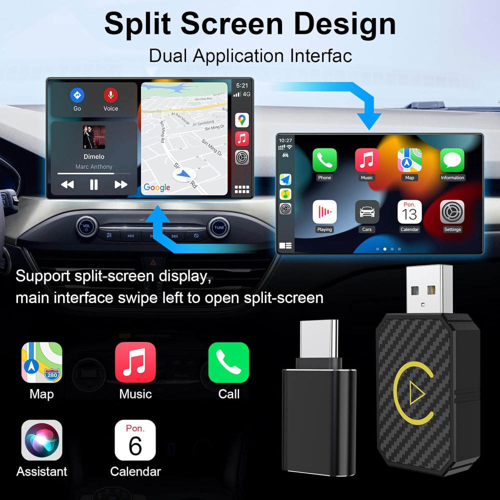 Беспроводной адаптер CarPlay Android Auto для iPhone Android с Bluetooth 5.2 и Wi-Fi 5.0 ГГц