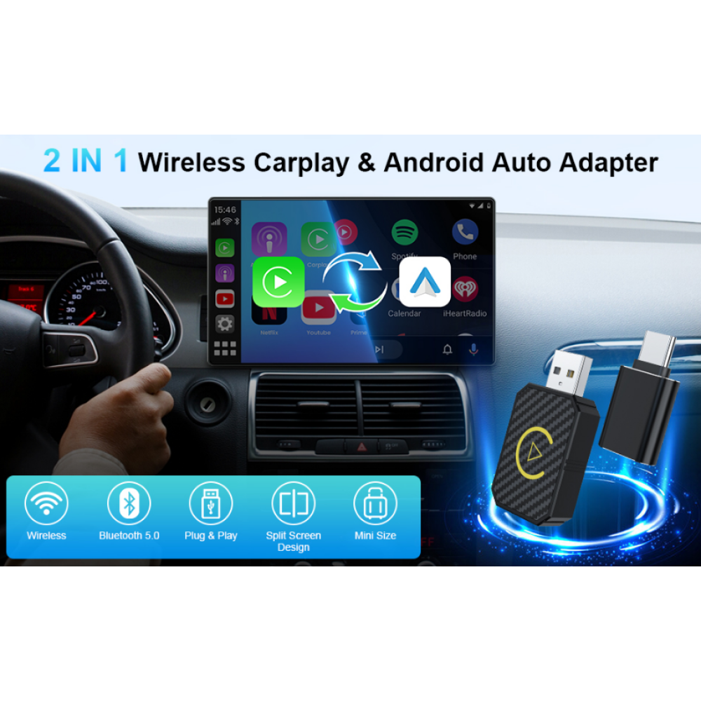 Беспроводной адаптер CarPlay Android Auto для iPhone Android с Bluetooth 5.2 и Wi-Fi 5.0 ГГц