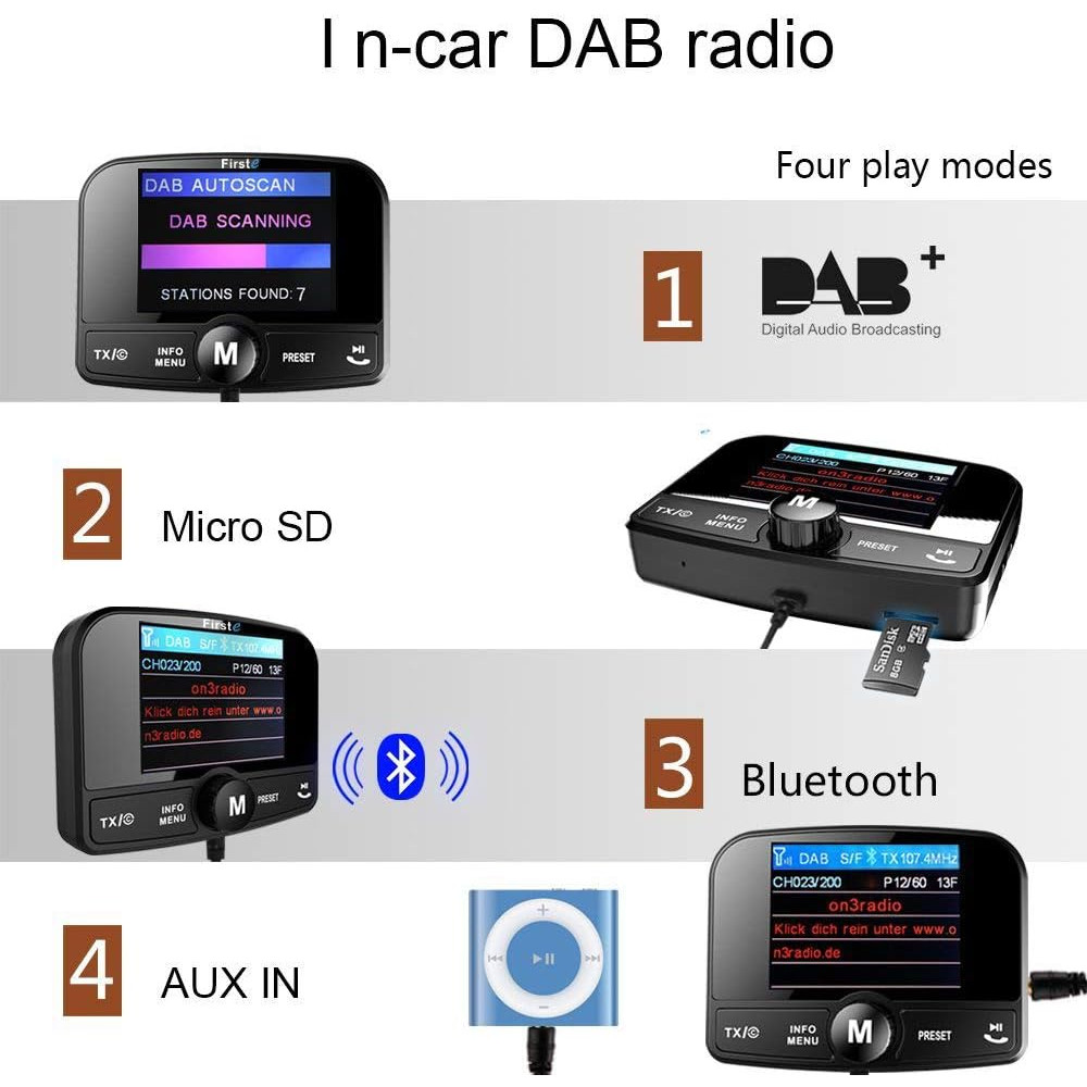 Автомобильный DAB DAB и радио адаптер FirstE DAB008 с Bluetooth та FM трансмиттером 