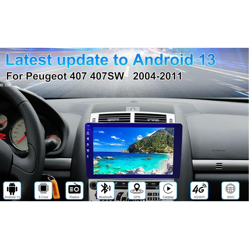 Автомагнитола android 13 4 плюс 64g для Peugeot 407 с 9-ти дюймовым сенсорным экраном